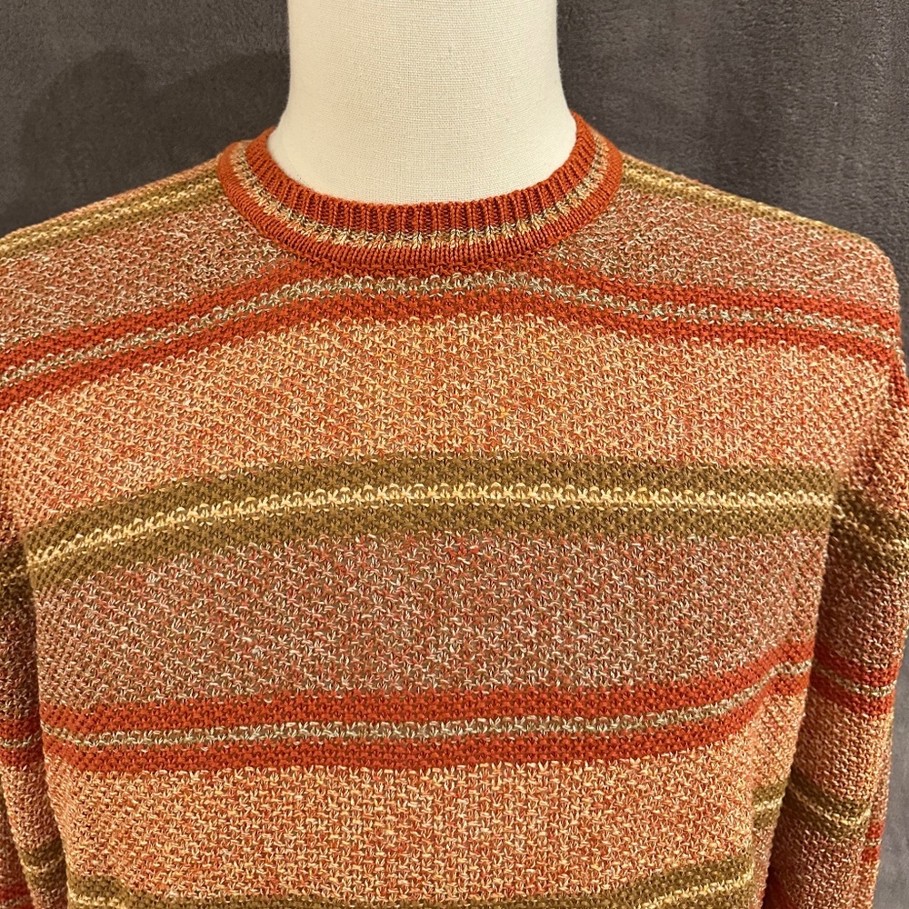 New Henry Jacobson, size Lg, rust ground, multicolor stripe, 100% linen sweater